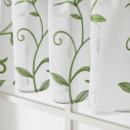 Kitchen Sheer Cafe Curtains Embroidered Leaves Green 54Wx16L | Light Filtering - Image 4