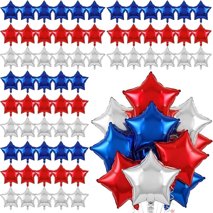 90 Pack 18 Inch Red White Blue Balloons Star Foil Balloons Bulk Patriotic by Charnoel