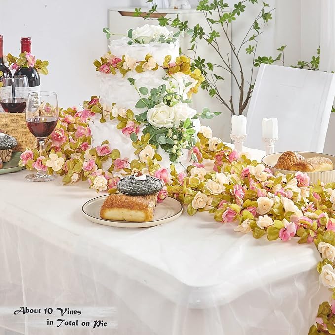 Artificial Flower Garland 6pcs 8.2ft Rose Vine Decor, Champagne Pink Flower | - Image 9