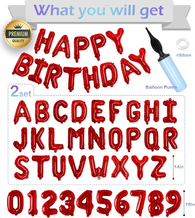 Red Happy Birthday Balloon Banner Set -16" Foil Letters Balloons | 76pcs - Image 2