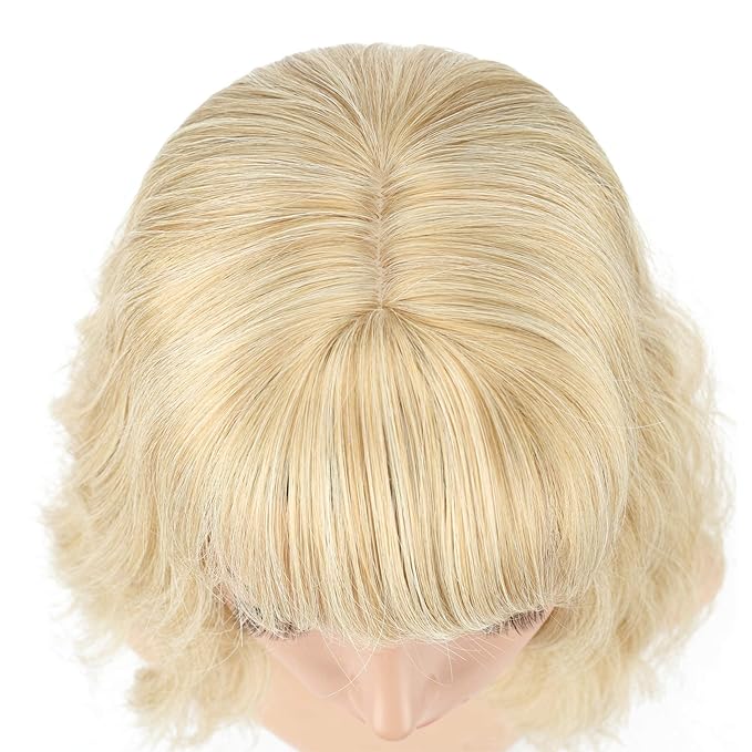 FAELBATY Blonde Wave Short Bob Wigs With Air Bangs Shoulder Length Wig For Women and Girls Curly Wavy Synthetic Cosplay Costume Wig (12" Mix blonde and gold)