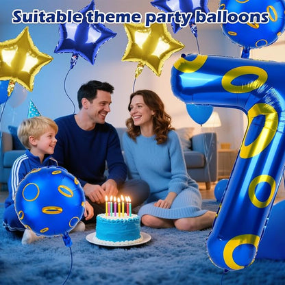 40 Inch Blue and Golden Ring Themed Number Balloon, Number Block Foil Number 7 - Image 3