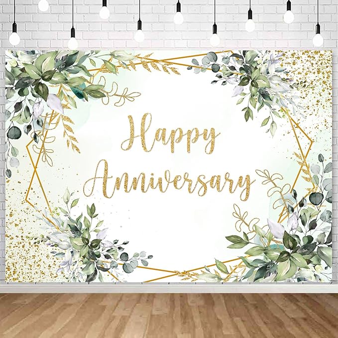 Withu Happy Anniversary Backdrop Sign Decorations Banner Sage Green Gold - Image 6