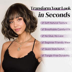 BARSDAR Short Wavy Wig with Bangs - Short Wavy Brown Blonde Highlights Wig for Women - Fluffy Soft Synthetic Curly Textured French Bob Wigs with Bangs Natural Looking Face-Framing Daily