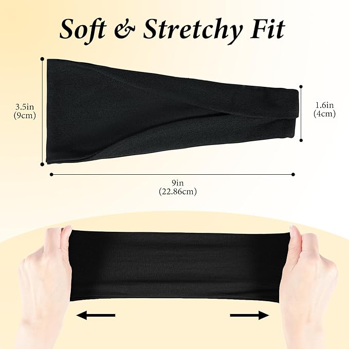 Black Headbands for Women Non-Slip Elastic Hair Bands, 6 Pack Stretchy Soft Cloth Sweat Bands, Fabric Workout Headband, Fashion Head Bands for Yoga Running Sports