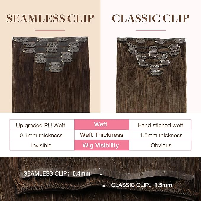 GOO GOO Clip in Hair Extensions Real Human Hair, Remy Human Hair Extensions Clip ins for Women, Natural Human Hair, 16inch 130g 7Pcs, 4A Chocolate Brown