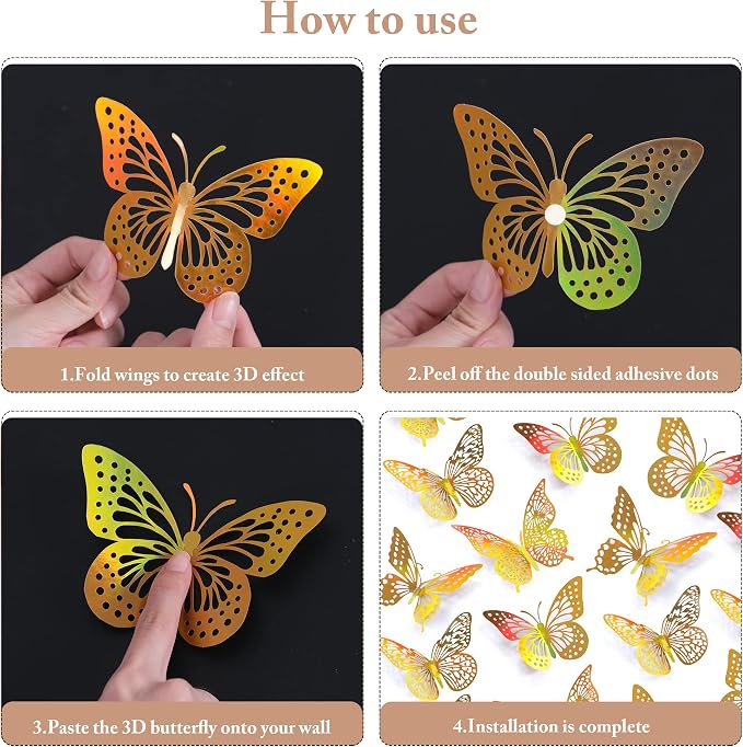SAOROPEB 3D Butterfly Wall Decor 48 Pcs Laser Gold Butterfly Decorations | 4 - Image 8