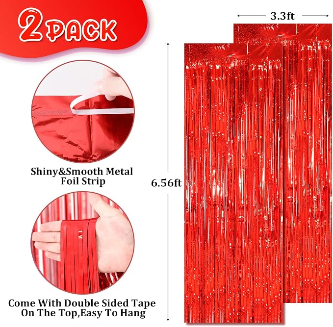 Voircoloria Laser Red Foil Fringe Backdrop Curtains, 2 Pack | Tinsel Streamers - Image 3