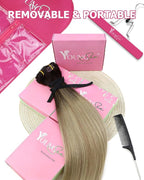 YoungSee Balayage Clip in Hair Extensions Medium Brown Ombre Golden Mix Platinum Blonde Balayage Clip in Extensions Invisible Clip in Human Hair Extensions Easy to Install 18Inch 120G 7Pcs