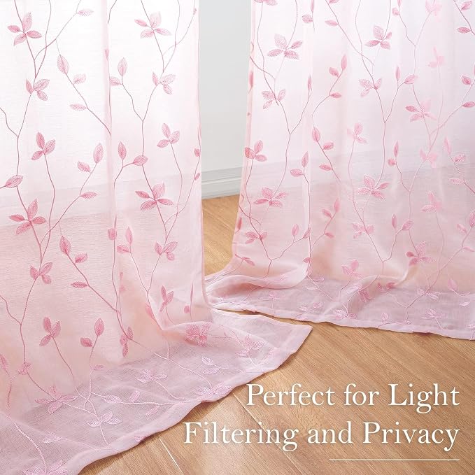 HOMEIDEAS Pink Sheer Curtains 2 Panels, Embroidered Vine Leaf, W52 x L63 | Faux - Image 6
