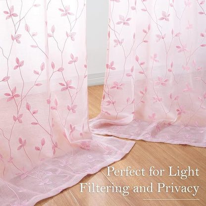 HOMEIDEAS Pink Sheer Curtains 2 Panels, Embroidered Vine Leaf, W52 x L63 | Faux - Image 6