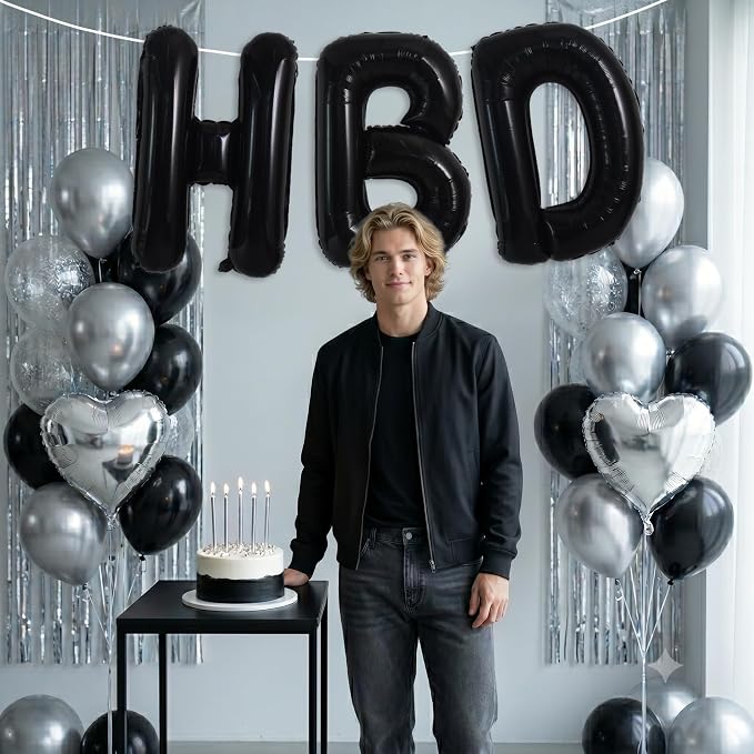 TONIFUL Black Big HBD Letter Happy Birthday Balloons Banner 40 Inch Black Large - Image 4