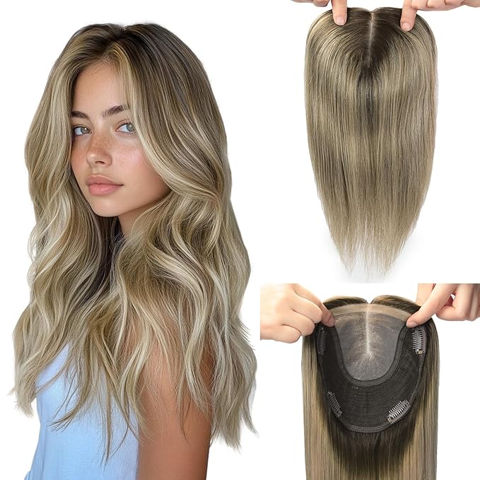 Hair Toppers for Women Real Human Hair 360° 3D 12inch 55g Human Hair Topper Dark Brown To Chestnut Brown Highlight Ash Blonde 6x7inch Large Base (#2/6/18 Toppers-12inch)