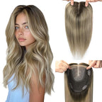 Hair Toppers for Women Real Human Hair 360° 3D 12inch 55g Human Hair Topper Dark Brown To Chestnut Brown Highlight Ash Blonde 6x7inch Large Base (#2/6/18 Toppers-12inch)
