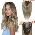 Hair Toppers for Women Real Human Hair 360°3D Cover Toppers Pieces for Women with Thinning 16inch 75g Dark Brown To Chestnut Brown Highlight Ash Blonde 6x7inch (#2/6/18Toppers-16inch)