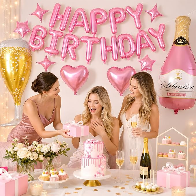 Pink Happy Birthday Balloons Banner, Star Heart Balloons, Champagne Bottle - Image 6