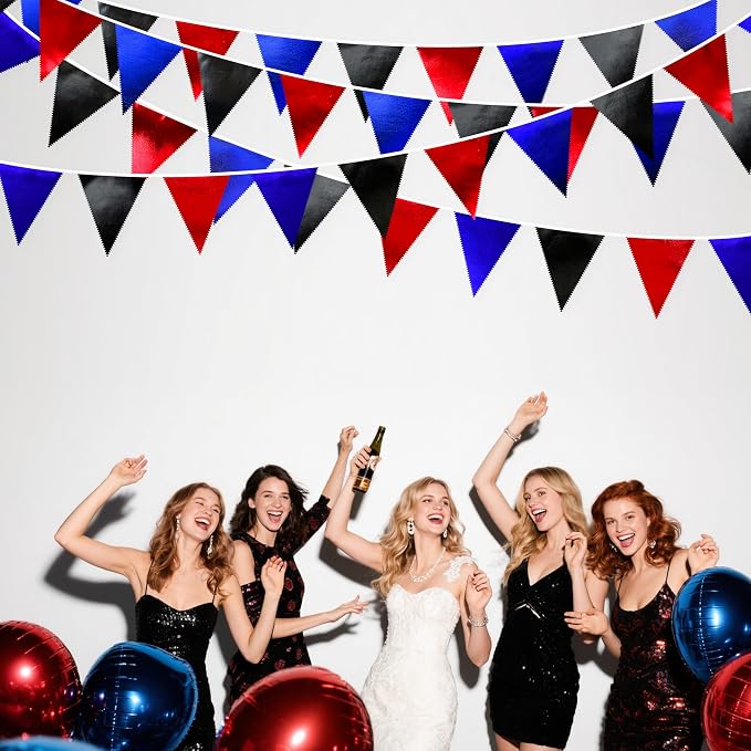 Navy Blue Red Black Party Decorations Metallic Fabric Triangle Pennant Banner - Image 5