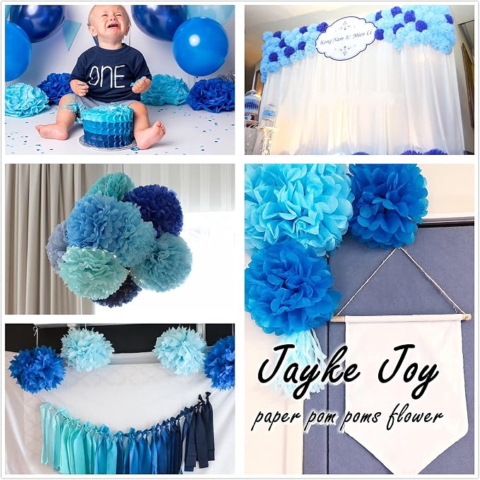 12pcs Blue Paper Pom Poms Set for Party Decor - Image 3