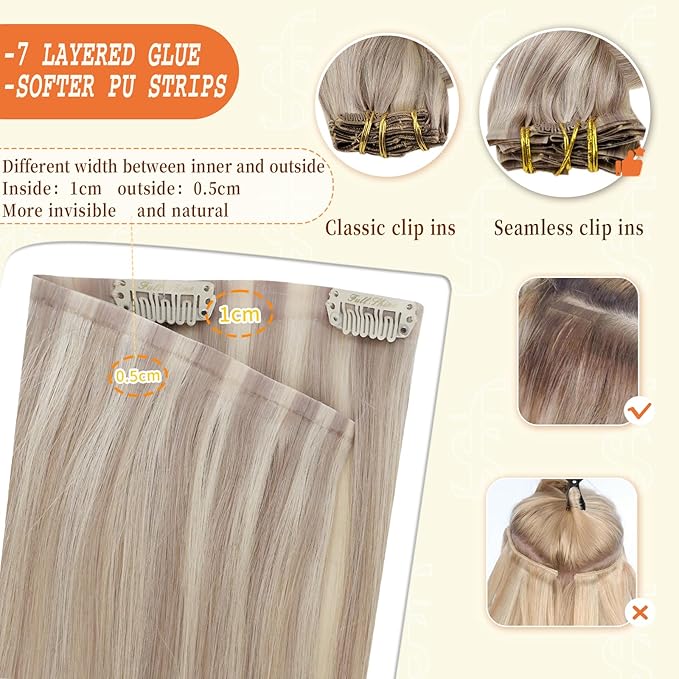 Full Shine Ash Blonde Clip in Extensions Human Hair 22 Inch PU Weft Real Hair Clip in Ash Blonde Highlights Platinum Blonde Silky Straight Remy Hair 8 PCS 120 G