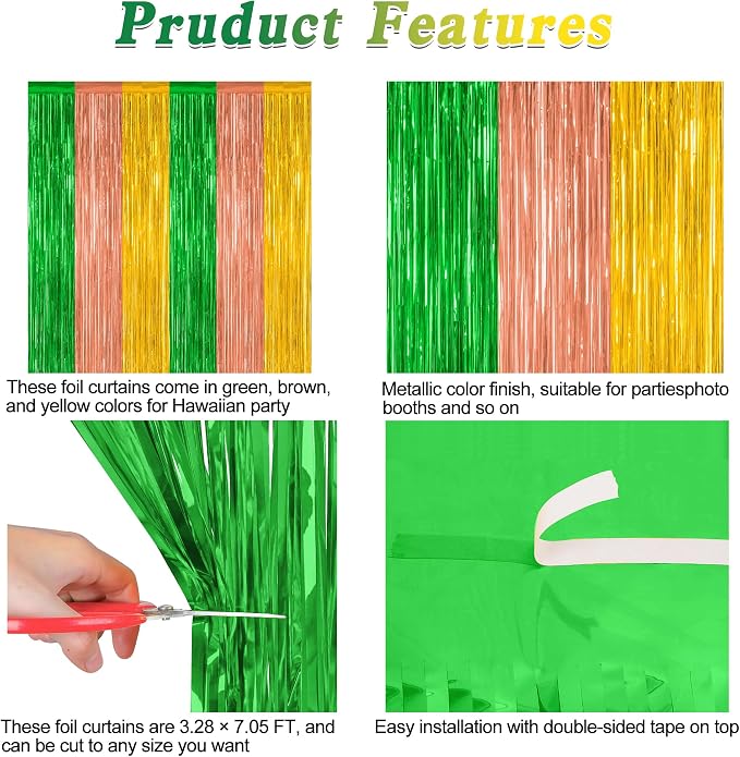 ZATAYE 4 Pack Green Brown Yellow Hawaiian Luau Foil Curtain Decorations | Green - Image 4