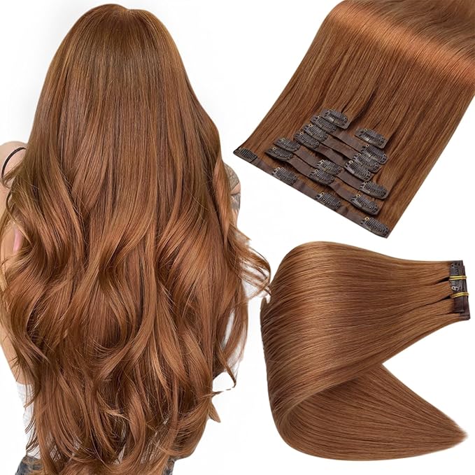 Full Shine Copper Brown Hair Extensions Copper Seamless Human Hair Clip in Extensions Auburn Brown Seamless Hair Extension Short for Women 12 Inch 95 G 8 PCS