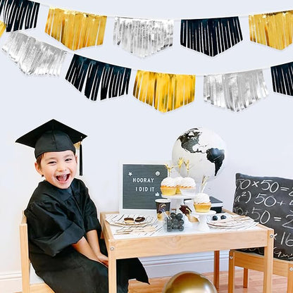 Black Silver Gold Tassel Banner Double Sided Metallic Fabric Pennant Bunting - Image 5