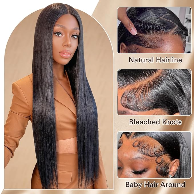 28 Inch Straight HD Lace Front Wigs Human Hair Pre Plucked 14A 230 Density 13x6 Transparent Lace Frontal Wig with Baby Hair Natural Black for Women