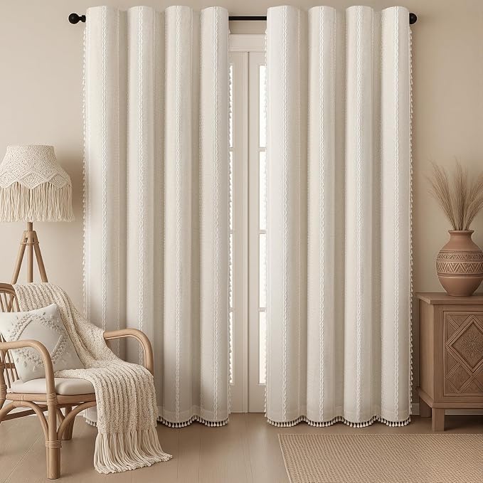 Cream 100% Boho Blackout Curtains 84 Inch 2 Panels - Image 2