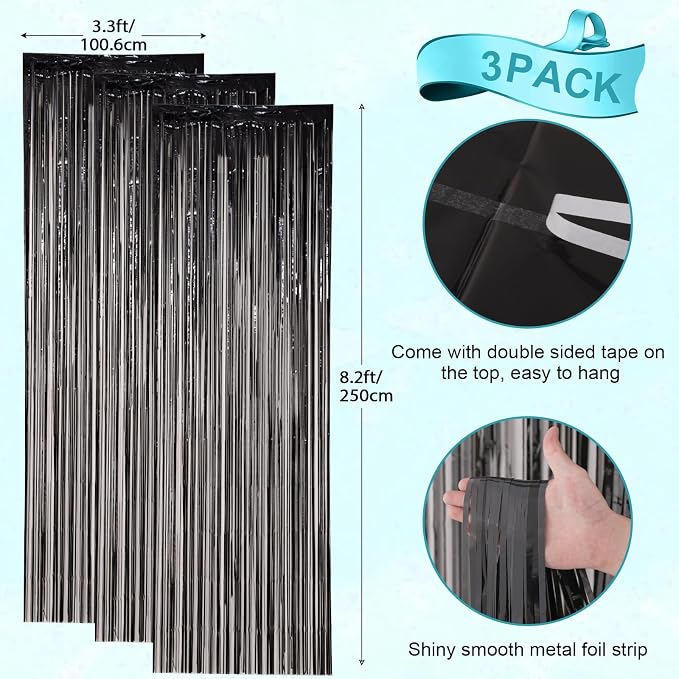 Voircoloria Black Foil Fringe Backdrop Curtains, 3 Pack | Tinsel Streamers - Image 3