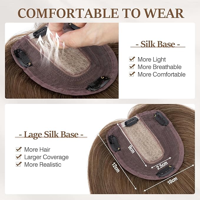 Rich Choices Hair Toppers for Women Real Human Hair 100% Human Remy Toppers NO Bangs for Women with Thinning on Top Clip in Hairpiece 4"x4.7"Lace Base 10 Inch #4R Natural Brown