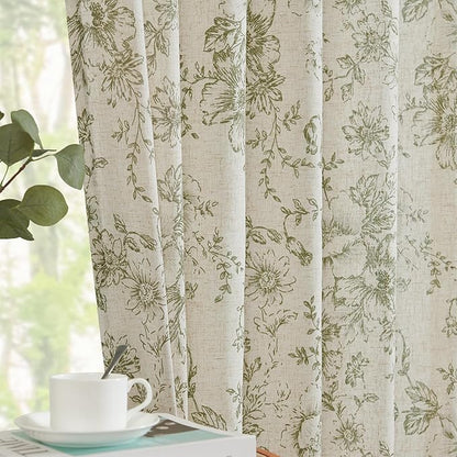 jinchan Green Floral Linen Curtains 84 Inch Farmhouse Back Tab 2 Panels | Light - Image 3