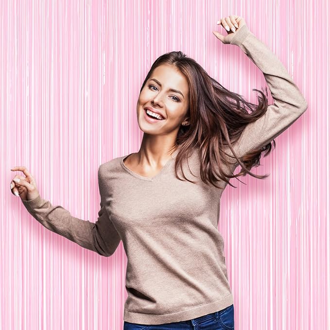 Voircoloria Pastel Pink Foil Fringe Backdrop Curtains, 3 Pack | Tinsel Streamers - Image 6