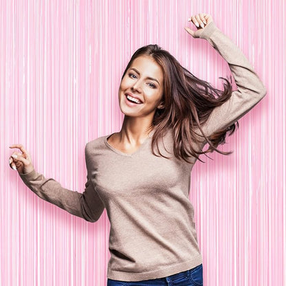 Voircoloria Pastel Pink Foil Fringe Backdrop Curtains, 3 Pack | Tinsel Streamers - Image 6