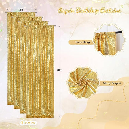 PartyDelight Gold Sequin Backdrop Curtains 2x8ft 4 Panels | Sparkly 3mm sequins - Image 2