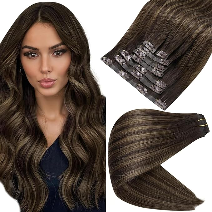 Full Shine Seamless Clip in Hair Extensions 22 Inch Dark Brown Balayage to Light Brown with Caramel Blonde Real Human Hair Straight Hair for Long 8 PCS 120 G