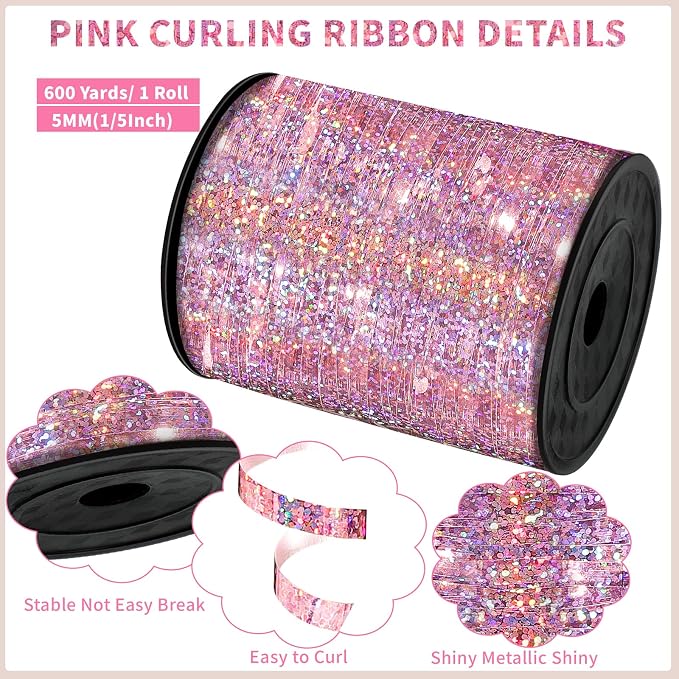 woric Pink Curling Ribbon 600 Yards 1/5 Inch - Image 2