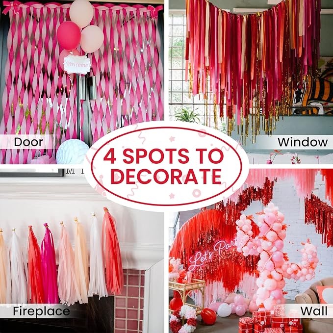 PartyWoo Pink Hot Red White Light Crepe Paper Streamers 6 Rolls 492 FT | Baby - Image 5
