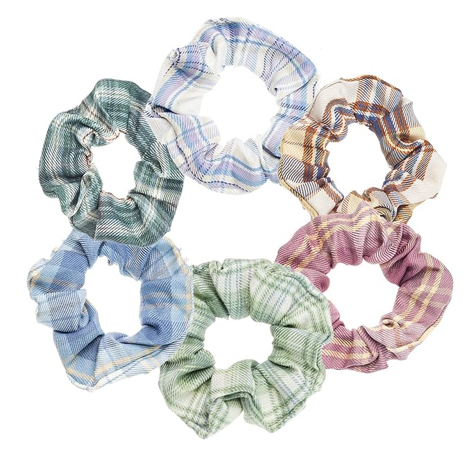 Colorful Plaid Bandana Scrunchies - 6PCS Hair Ties for Women (Assorted Patterns)