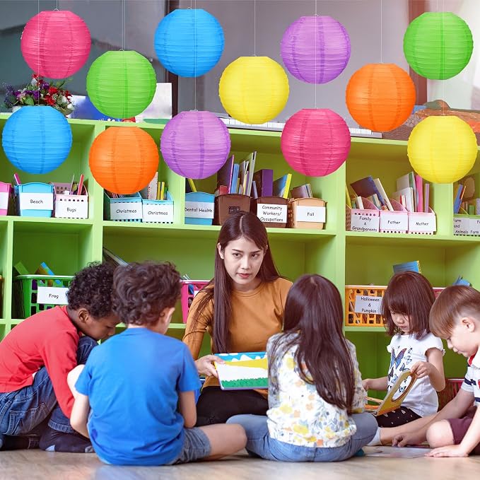 12 Pcs 10 Inch Hanging Paper Lanterns Party Decorations Modern Neon Classroom - Image 7