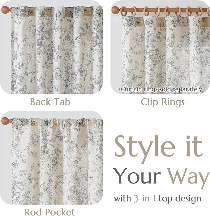 jinchan Grey Floral Linen Curtains 96 Inch Vintage Back Tab 2 Panels | Light - Image 4