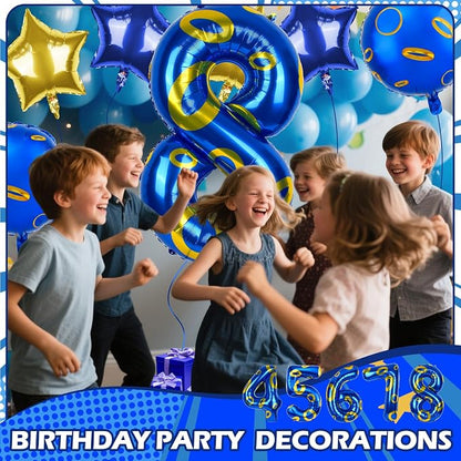 40 Inch Blue and Golden Ring Themed Number Balloon, Number Block Foil Number 8 - Image 4