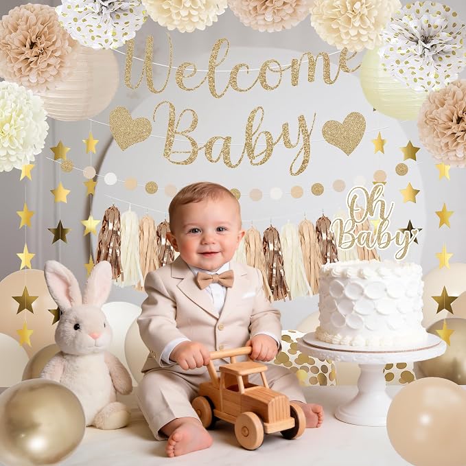 Amandir Neutral Baby Shower Decorations Welcome Baby Banner | Beige Balloons - Image 5