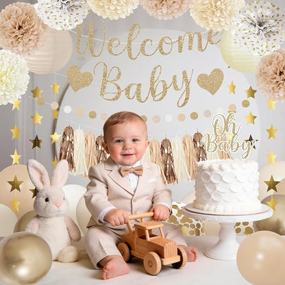 Amandir Neutral Baby Shower Decorations Welcome Baby Banner | Beige Balloons - Image 5