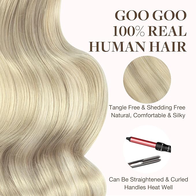 GOO GOO Tape in Hair Extensions Human Hair, 17A/60A Ash Blonde Highlighted Platinum Blonde, 24inch 30g 10pcs, Skin Weft Seamless Invisible, Silky Straight with Thick Ends, Remy Human Hair