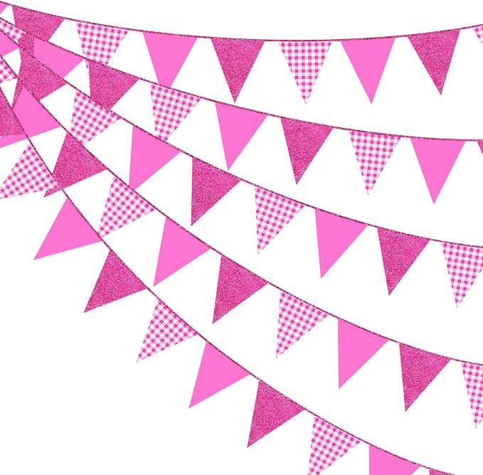 Hot Pink Buffalo Plaid Party Decorations Pennant Banner Flag Hot Pink Glitter by pinkblume