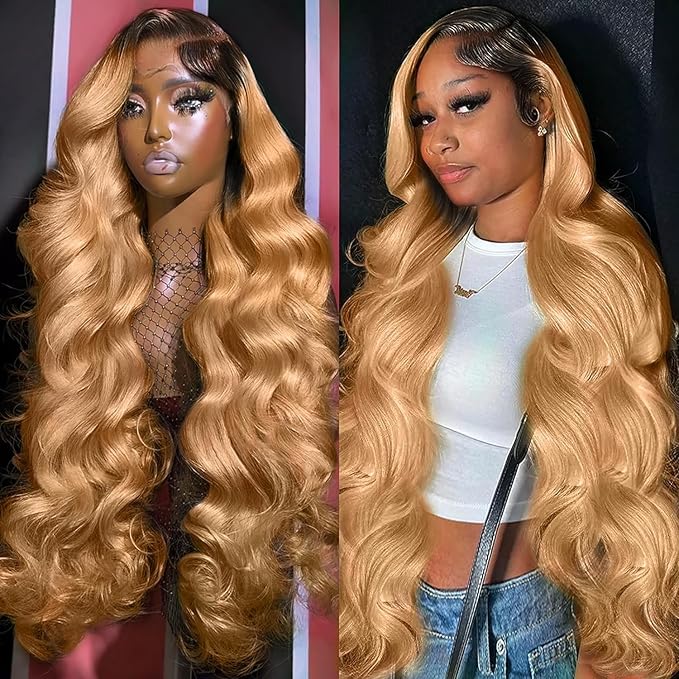 Honey Blonde Lace Front Wigs Human Hair 13x6 Ombre HD Transparent Lace Frontal Wig 12A Body Wave 1B/27 Highlight Lace Front Wigs Human Hair Wigs for Women Pre Plucked with Baby Hair 22inch