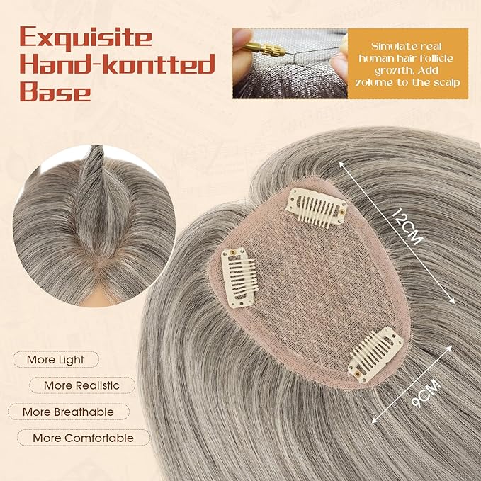 Rich Choices Human Hair Toppers for Women-100% Real Remy Hair Topper No Bang-Upgraded 150% Density 9 * 12CM Lace Base-Clip in Hairs Topper for Thinning Hairs-14Inch #G3 Salt and Pepper Grey