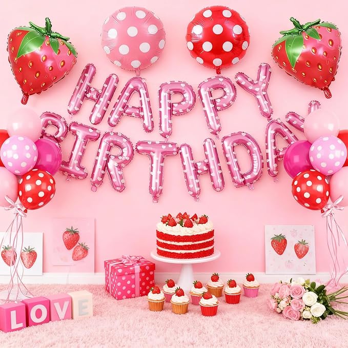 29PC Strawberry Happy Birthday Balloon Banner, 16Inch 3D Aluminum Letter Banner - Image 7