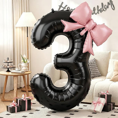 40 Inch Black Number 3 with Pink Bow Balloon, Giant Self Inflating Black Foil by KYGNE