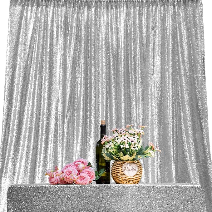 JYFLZQ Sequin Backdrop Curtains Silver 8ft x 8ft | Glitter Party Backdrop by JYFLZQ